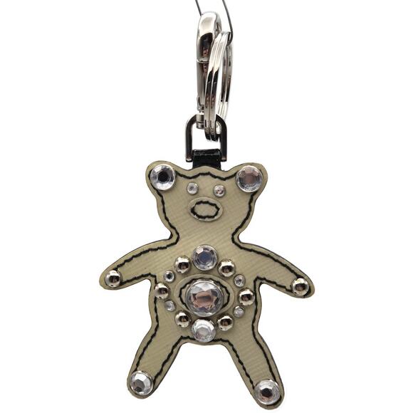 Prada Teddy Bear Keychain Purse Charm Beige Black Saffiano Leather with Crystals - Picture 1 of 11